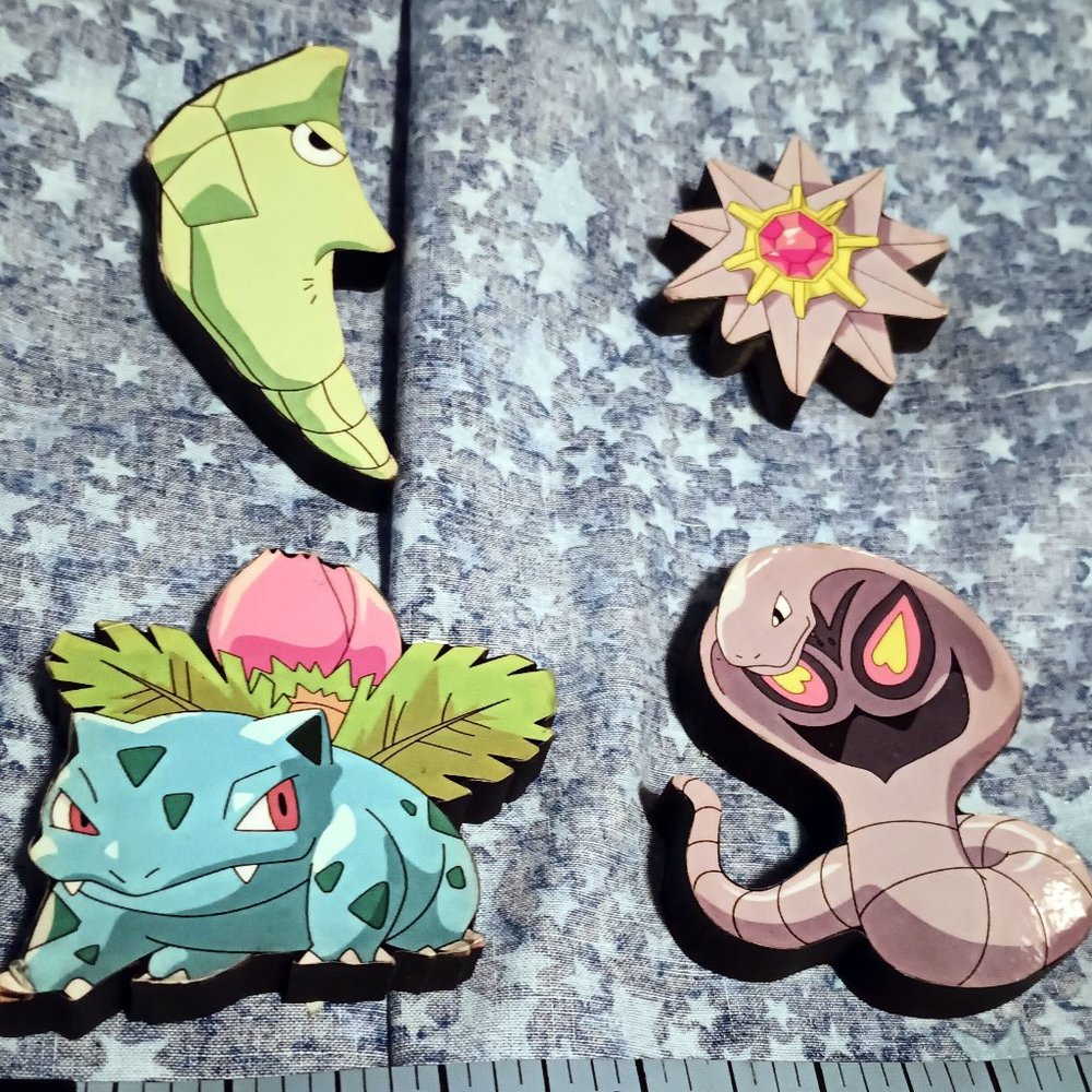 Lot of 4, 1/2" thick, vintage Pokemon magnets, Bulbasaur, Arbok, Staryu, Metapod